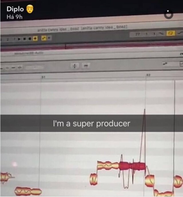 snapchat/@diplo Dj Diplo publica tela de produção de música; é possível ler Anitta no topo da página