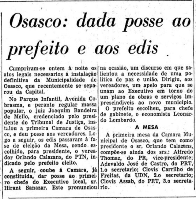 Acervo Estadão Notícia sobre a emancipação da cidade de Osasco no Estadão de 20/2/1962.