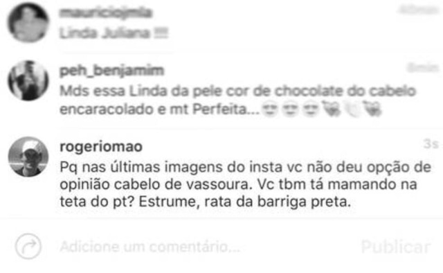 Reproduçao/Instagram Mensagem racista contra a atriz.