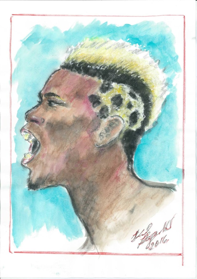 Karl Lagerfeld/Divulgação Pitti Uomo O meia francês Paul Pogba, em croqui de Karl Lagerfeld, uma das obras da mostra 'Fanatic Feelings'