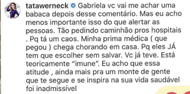 Instagram/@tatawerneck Tatá Werneck critica festa dada por Gabriela Pugliesi na quarentena durante pandemia do coronavírus.