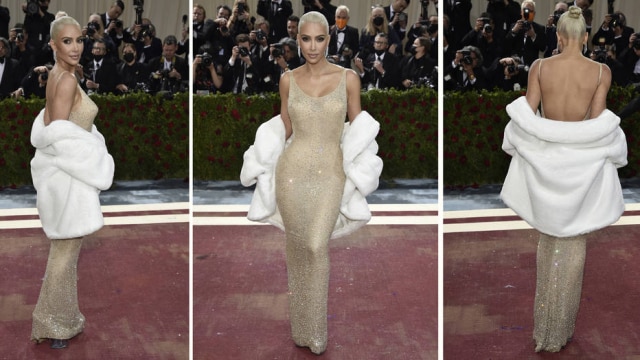 Kim Kardashian, que surpreendeu no último 'Met Gala' com um look todo preto, apostou neste ano em um vestido bege.