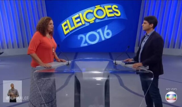 Reprodução Jandira Feghali, candidata do PC do B à prefeitura do Rio, usou sua primeira pergunta para dizer que a Globo 'apoio o golpe contra à democracia'