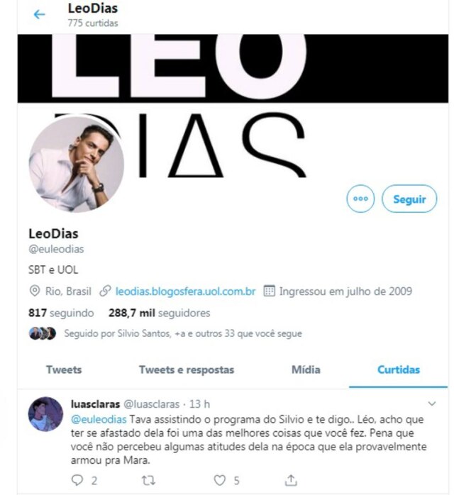 Twitter / @euleodias Comentário curtido por Leo Dias no Twitter.
