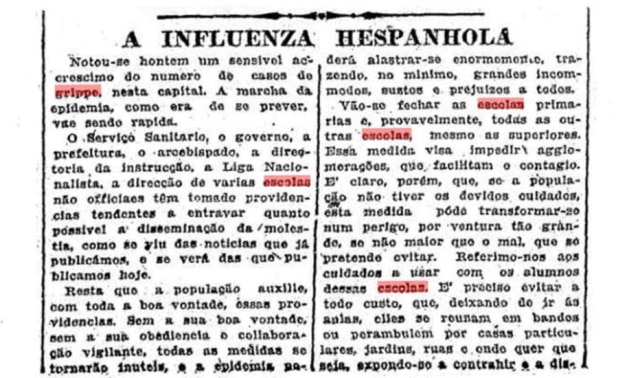 Acervo/Estadão Fechamento das escolas foi uma das primeiras medidas adotadas para enfrentar a gripe.Clique aqui para ler a notícia do Estadão de 18/10/1918.