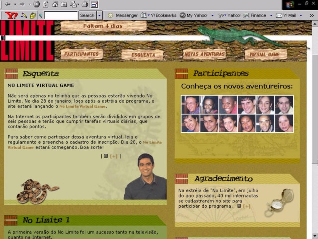 Reprodução Reprodução de tela do site de 'No Limite 2', exibido pela Globo em 2001