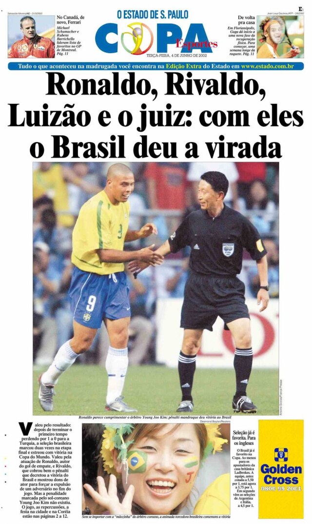 Brasil 2 x 1 Turquia no Estadão de 4/6/2002.