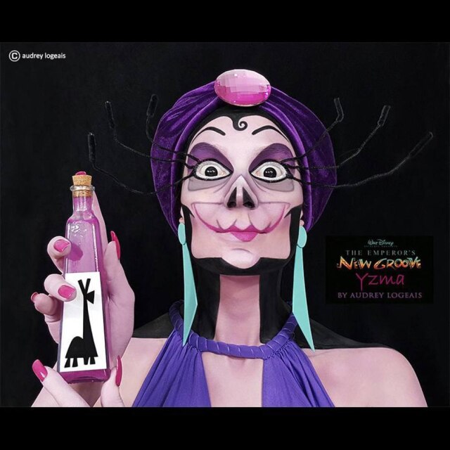 Instagram/ @audrey.logeais Para o tributo a personagem Ysma, do filme A Nova Onda do Imperador, Audrey criou uma ilusão com pintura preta e um fundo da mesma cor