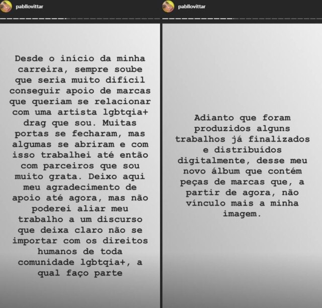 Instagram / @pabllovittar Pronunciamento publicado por Pabllo Vittar no sábado, 1º, em seus stories no Instagram.