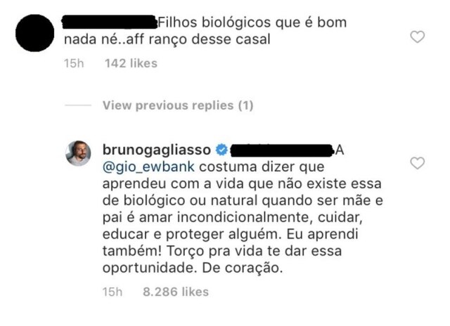 Instagram/@brunogagliasso Bruno Gagliasso responde comentário de internauta sobre filhos dele com Giovanna Ewbank.