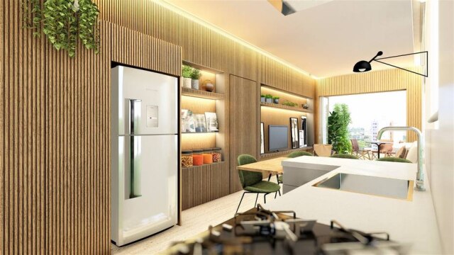 Vanessa Féres Arquitetos Associados Da cozinha à varanda, o painel de madeira ripada percorre todo o living, ganhando diferentes usos