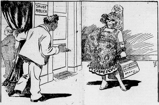 Reprodução Charge da Gazeta de Notícias mostra a chegada da gripe espanhola ao Brasil, 29/9/1918.