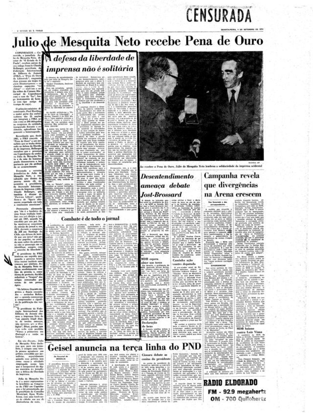 >> Pagina censurada do Estadão de 04/9/1974
