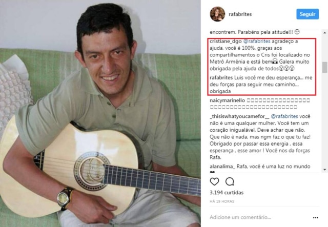 Intagram.com/rafabrites Seguidora confirmou que o homem havia sido encontrado.