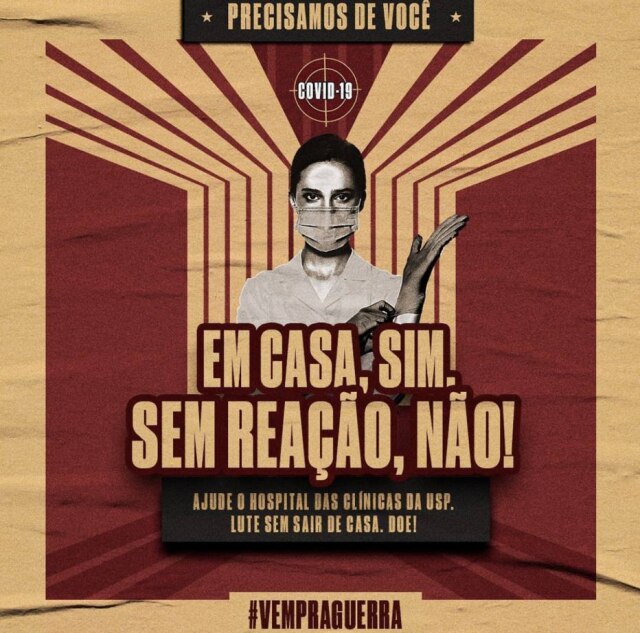 Instagram/@vem.pra.guerra Funcionários do Hospital das Clínicas de São Paulo realizam campanha 'Vem pra Guerra', para arrecadar fundos para a compra de materiais para combater novo coronavírus.
