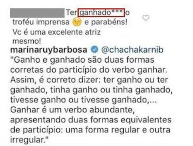 instagram.com/@marinaruybarbosa A resposta de Marina Ruy Barbosa ao que seria uma correção sobre a locução verbal escrita pela atriz.