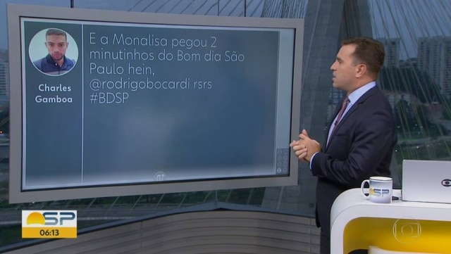 Reprodução de 'Bom Dia São Paulo' (2017) / TV Globo Rodrigo Bocardi fez graça do atraso de dois minutos do Bom Dia São Paulo