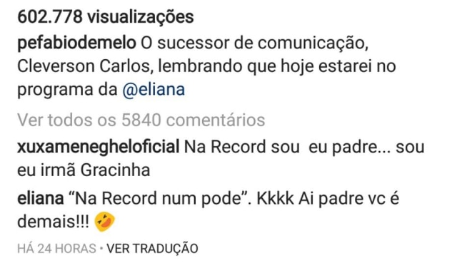 Instagram/@pefabiodemelo Xuxa comentou em publicação de Padre Fábio de Melo.