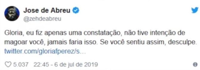 Twitter/@gloriafperez/@ozehdeabreu O ator Zé de Abreu pede desculpas para Gloria Perez após comentário no Twitter.