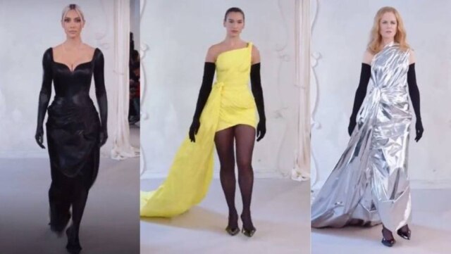 Reprodução/Twitter Kim Kardashian, Dua Lipa e Nicole Kidman em desfile de alta-costura da Balenciaga.