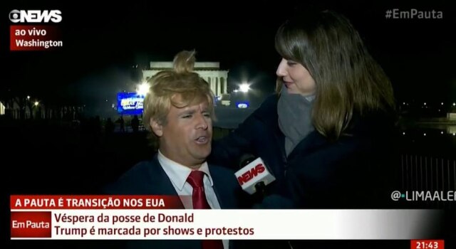 Reprodução/GloboNews Caroline Cimenti pensou que Vesgo era um americano fantasiado de Donald Trump.