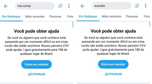 Reprodução de tela de usuário Twitter tem novo serviço para ajudar na prevenção do suicídio.