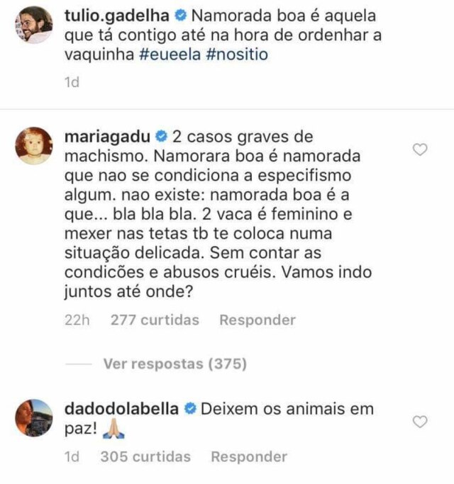 Instagram/@tulio.gadelha Maria Gadu e Dado Dolabella criticam foto de Túlio Gadêlha.
