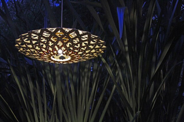 Richard Brimer Luminária criada pelo designer David Trubridge, a partir de lâminas de madeira, tendo ao fundo planta que lhe serviu de inspiração