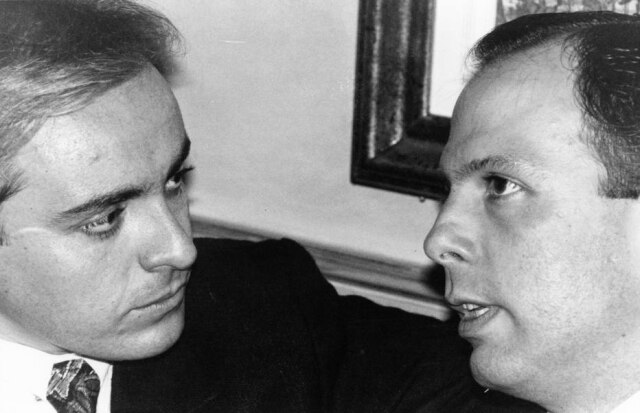 Fernando Arellano/Estadão Os apresentadores Gugu Liberato e João Doria conversam durante festa na casa noturna Leopoldo, São Paulo, SP., 07/10/1992.