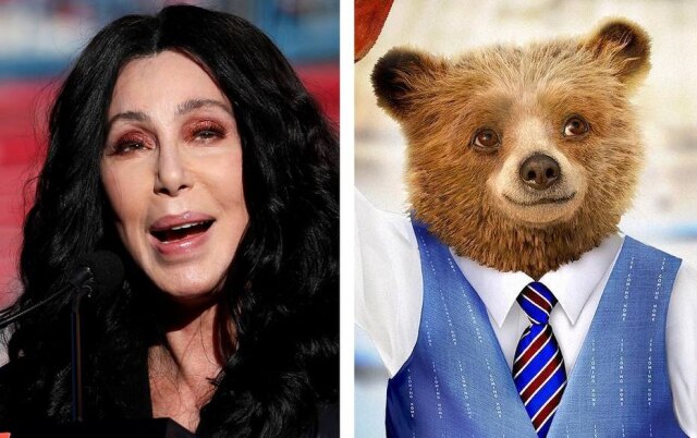 Steve Marcus / Reuters | Instagram / @paddingtonbear A cantora Cher ao lado do Urso Paddington