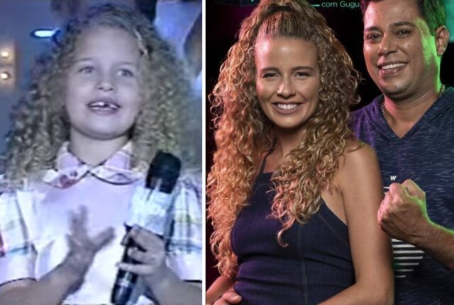 Reprodução de 'Turma do Didi' (1999) / Globo | Edu Moraes / Record TV / Divulgação Debby Lagranha durante 'A Turma do Didi' no fim da década de 1990 e ao lado de seu marido, Leandro Amieiro, no 'Power Couple Brasil', em 2019.