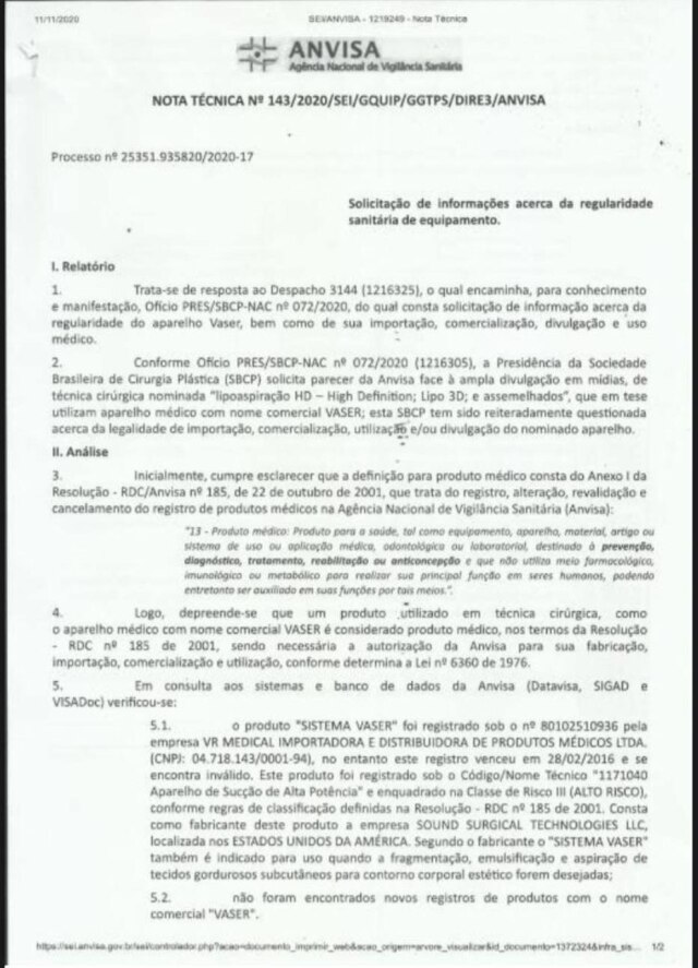 Reprodução A Anvisa enviou uma Nota Técnica à SBCP no dia 11 de novembro