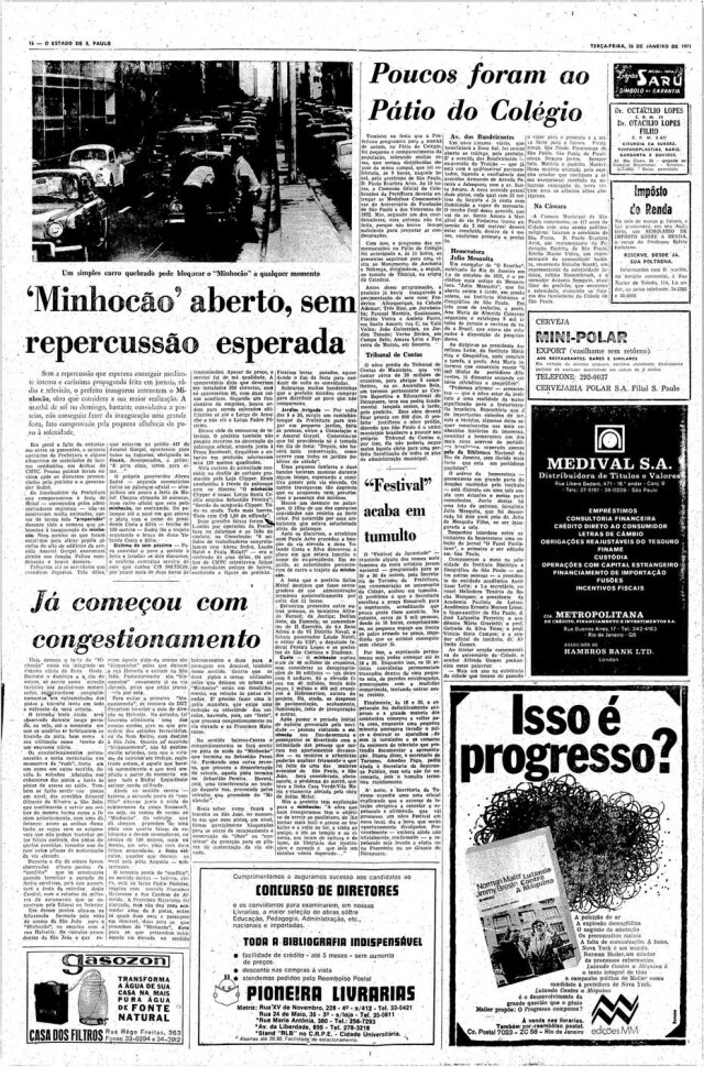 Acervo Estadão Reportagem sobre o Minhocão no jornal de 26/1/1971