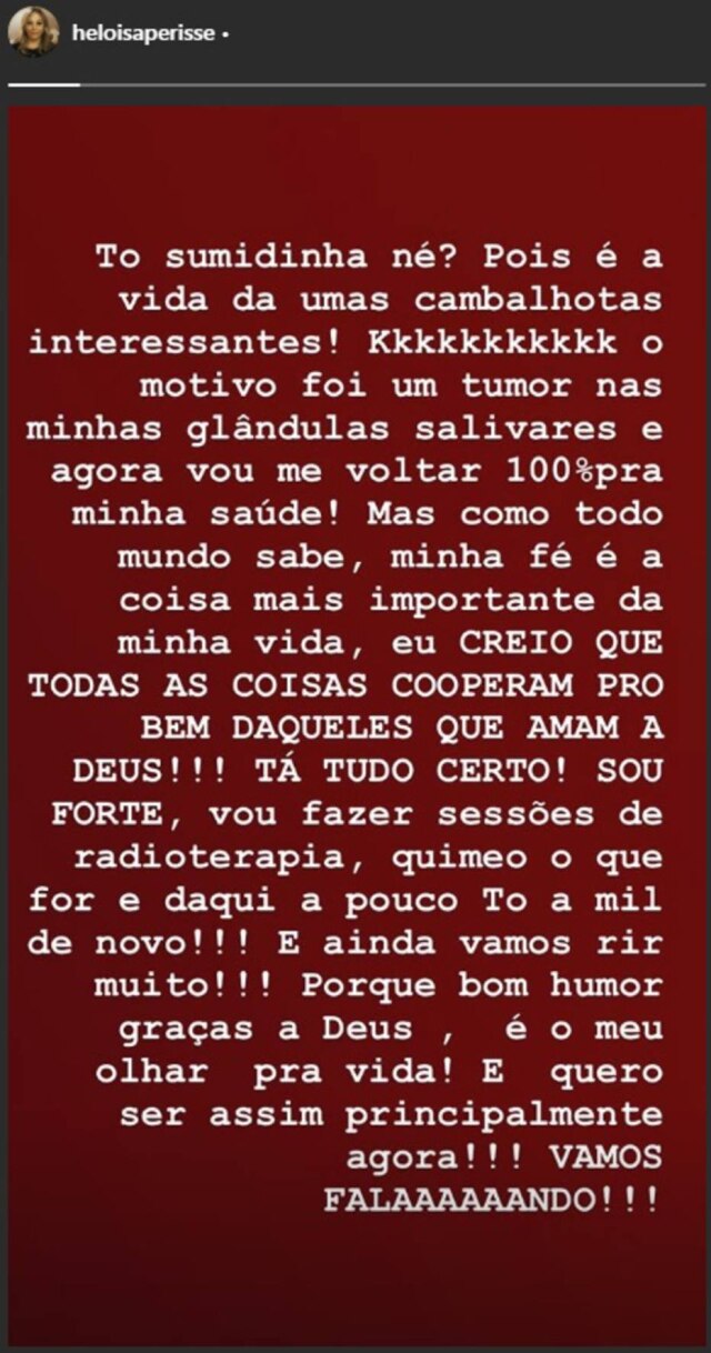 Instagram / @heloisaperisse Heloisa Perissé anuncia que está descobriu tumor nas glândulas salivares