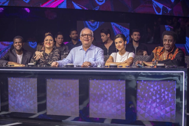Tony Tornado, jurado do 1º episódio do 'Popstar', da Globo, em 2019, ao lado de Pretinho da Serrinha, Maria Rita, Artur Xexéo e Manu Gavassi.