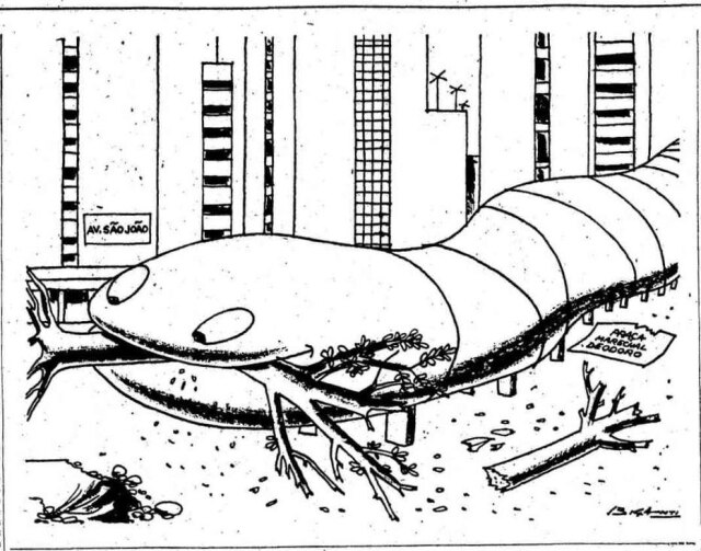 Biganti Minhocão engole a praça Marechal Deodoro em charge de Biganti, 23/5/1970