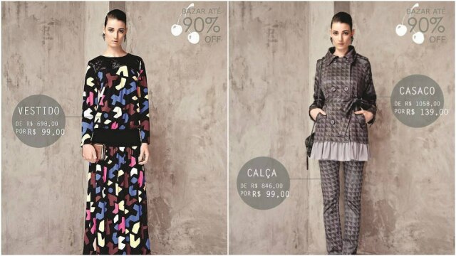 Divulgação Vestido Ju Jabour: de R$ 698 por R$ 99. Casaco Ju Jabour: de R$ 1058 por R$ 139. Calça Ju Jabour: de R$ 846 por R$ 99