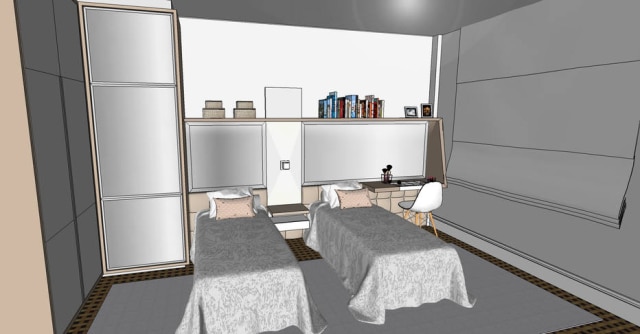 ESTUDIO JOIA BERGAMO/DIVULGAÇÃO Perspectiva do projeto mostrando as camas e a bancada lateral com a escrivaninha de uma das filhas da leitora