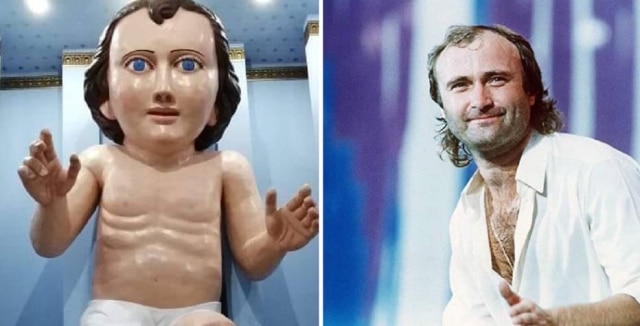 Twitter / reprodução | Instagram / @officialphilcollins Phil Collins foi comparado com uma estátua gigante de Jesus Cristo.
