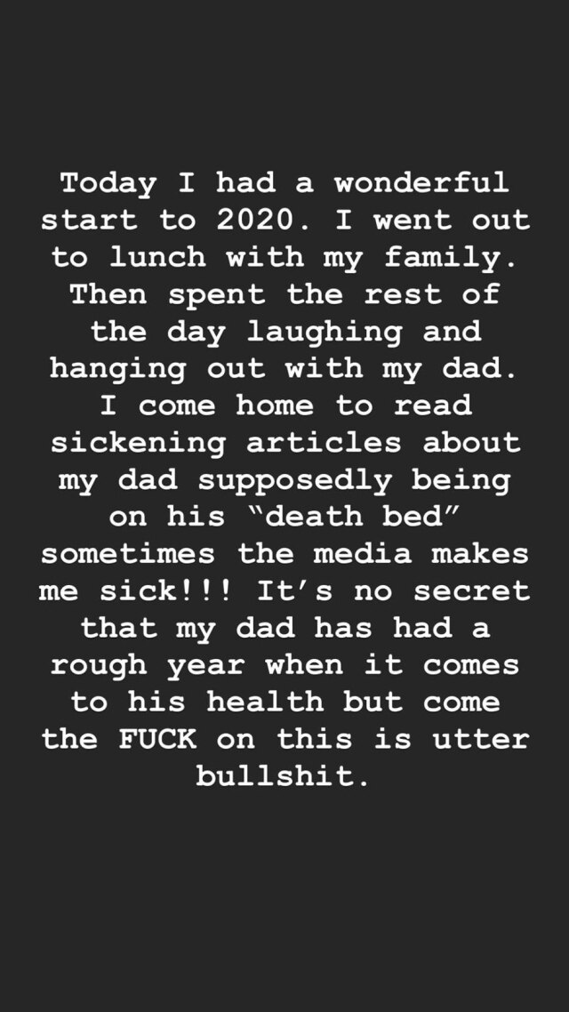 Instagram / @kellyosbourne Mensagem que Kelly Osbourne publicou em seu Instagram, negando os boatos sobre o estado de saúde do pai