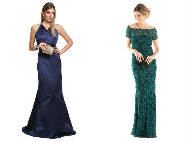 Reprodução Vestido azul-marinho do estilista Reinaldo Lourenço e o longo da estilista americana Nicole Miller
