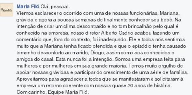 Reprodução Íntegra da nota de esclarecimento divulgada pela Maria Filó
