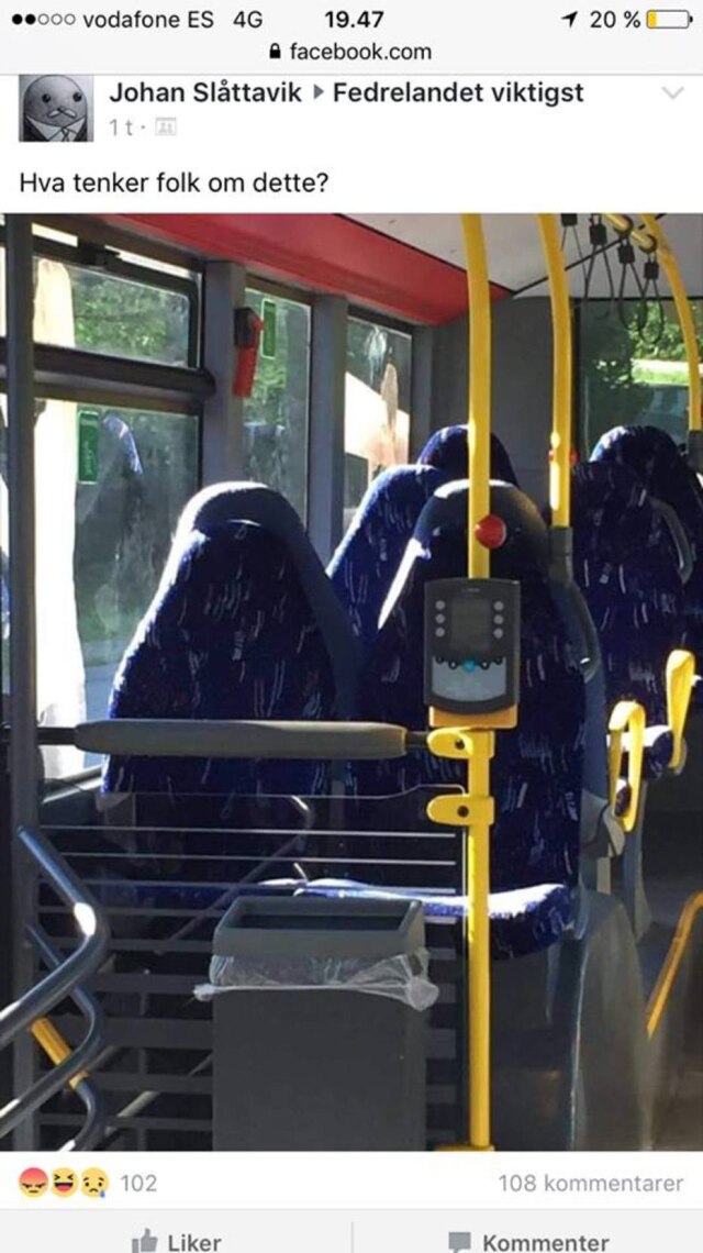 facebook.com/sindre.beyer Bancos vazios de ônibus foram confundidos com mulheres usando burcas.
