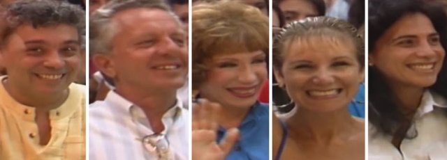 Reprodução de 'Domingão do Faustão' (1989) / Globo Pedro Paulo Rangel, Rogério Cardoso, Berta Loran, Sylvia Massari e Totia Meirelles no 'Domingão do Faustão'.