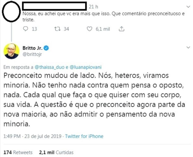 Twitter / @brittojr Britto Júnior rebateu a crítica de uma internauta, cuja identidade foi preservada.