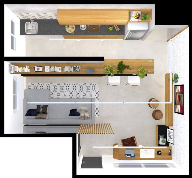 Antonio Armando de Araújo Arquitetura A planta com o projeto criado para o leitor: de um lado, home office; de outro, sala com a cozinha integrada