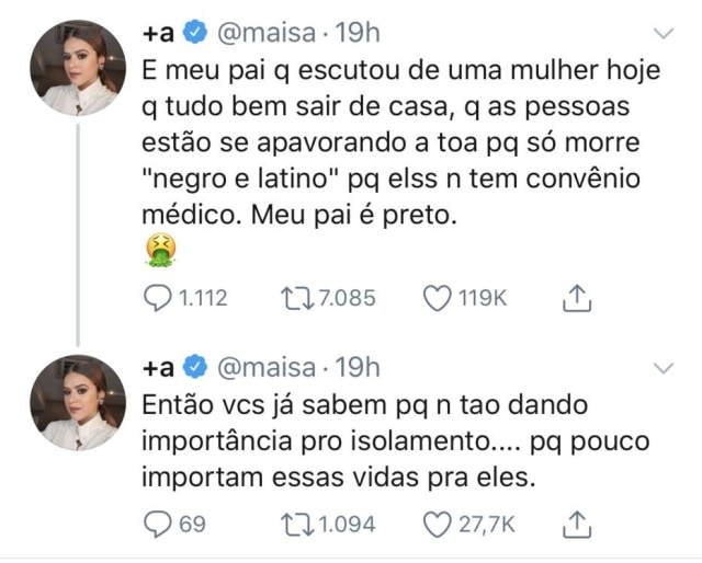 Twitter/@maisa Maisa Silva usou o Twitter para desabafar sobre preconceito e racismo durante quarentena.