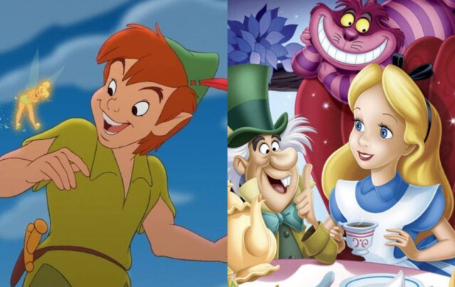 Disney Os personagens Peter Pan e Alice.