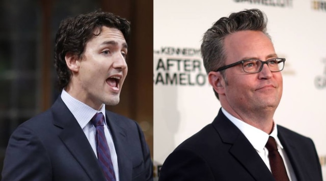 REUTERS/Chris Wattie | REUTERS/Mario Anzuoni O primeiro-ministro canadense Justin Trudeau foi ao Twitter desafiar o ator Mathew Perry para uma revanche de uma 'briga' que tiveram na escola.