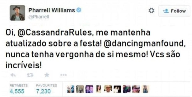 Facebook/@imagensimportantes1 Página do Twitter oficial do cantor Pharrell Williams.